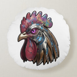 Almofada Redonda Galo Ciberpunk Arte Mecânica Iridescente