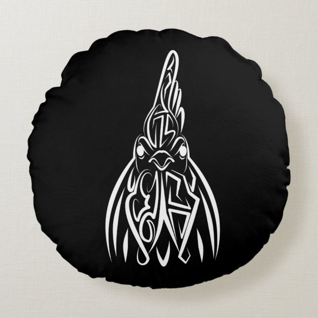 Almofada Redonda Galo Tribal Negro e Branco (Frente)