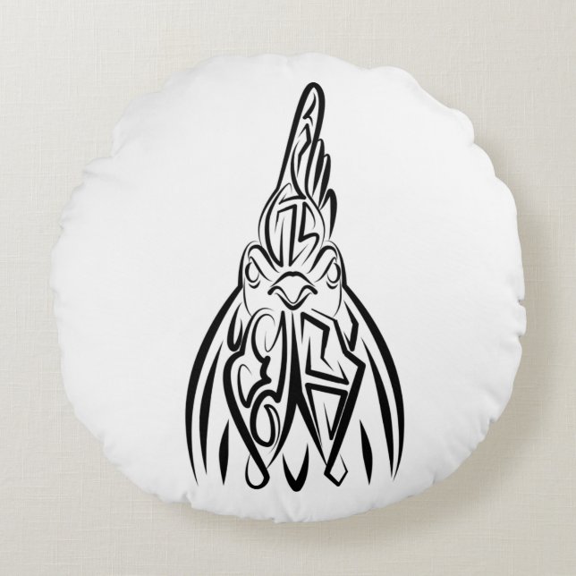 Almofada Redonda Galo Tribal Negro e Branco (Frente)