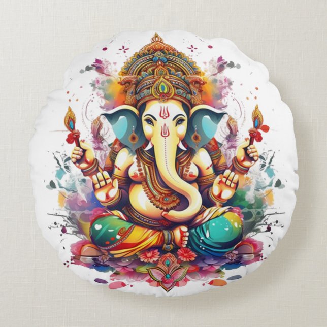 Almofada Redonda Ganesha, ganesh, removedor ganapati de obstáculos  (Frente)