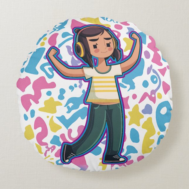 Almofada Redonda Garota com fones de ouvido confiantes e relaxantes (Frente)