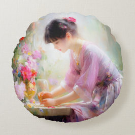 Almofada Redonda Garota no Jardim Flor
