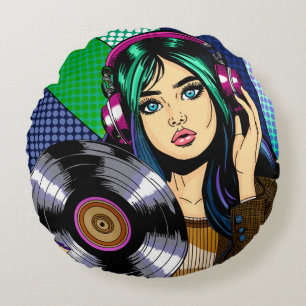 Almofada Redonda Garota Pop Art com Disco