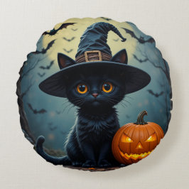 Almofada Redonda 🧙♀️🐾 Gata Bruxa Fofa Vibes Aconchegantes de Hal