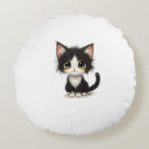 Almofada Redonda Gatinho Bonito De Olhos Grandes - Gato Preto E Bra
