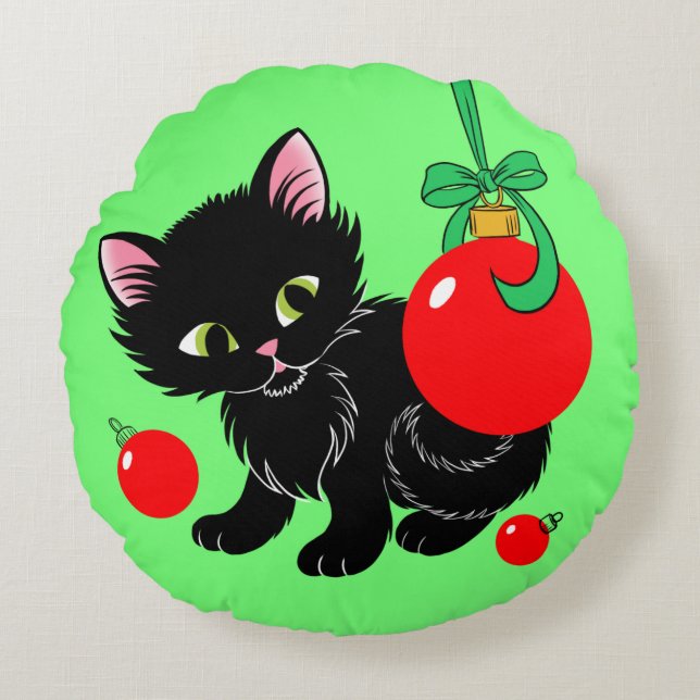 Almofada Redonda Gatinho de Natal bonito (Frente)