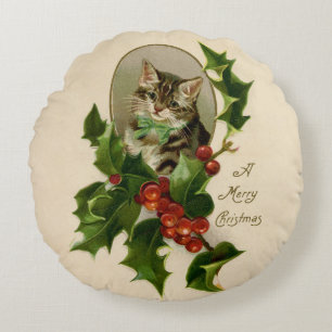 Almofada Redonda Gatinho de Natal Vitoriano em Tabby Antigo com Aze