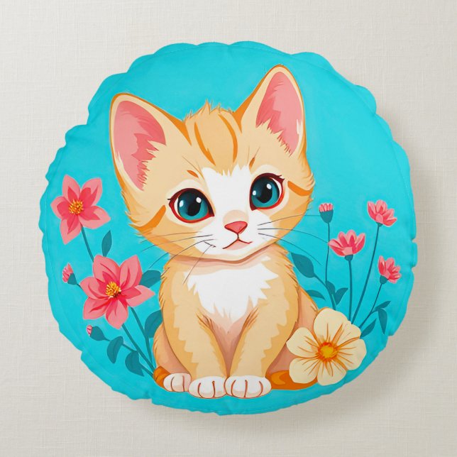 Almofada Redonda Gatinho Fofo com Flores (Frente)