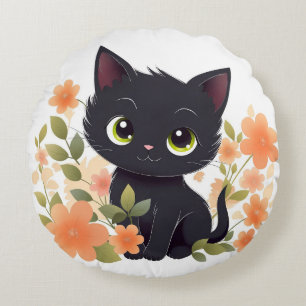 Almofada Redonda Gatinho Preto Doce com Flores Kawaii Chibi