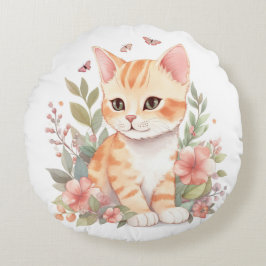 Almofada Redonda Gatinho Tabby Laranja Doce com Aquarela de Flores