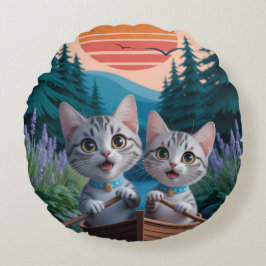 Almofada Redonda “Gatinhos Aventureiros ao Pôr do Sol – Gato Fofo 
