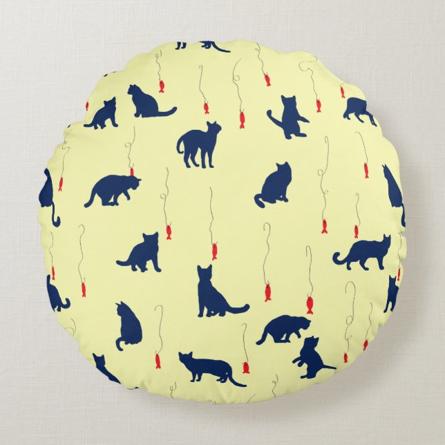 Almofada Redonda Gatinhos fofos azuis e peixes vermelhos (Frente)