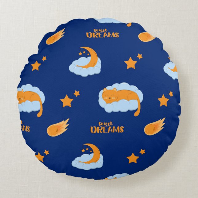 Almofada Redonda Gato adormecido bonito numa nuvem, sonhos doces (Frente)
