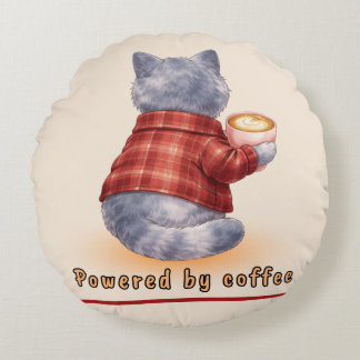 Almofada Redonda Gato "Alimentado por Café" Segurando Uma Xícara de