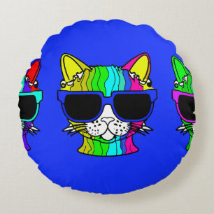 Almofada Redonda Gato Arco-Íris muito Legal com Sunglass em Azul