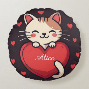 Almofada Redonda Gato Branco Fofo com Coração Desenho de Kawaii Kit