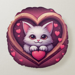 Almofada Redonda Gato Branco Fofo com Coração Desenho de Kawaii Kit