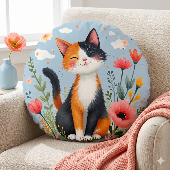 Almofada Redonda Gato Calico Sorridente no Jardim Florido (Smiling Calico Cat in Blooming Garden Round Pillow)