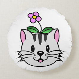 Almofada Redonda Gato de Cartoon Bonito com Flor na Cabeça