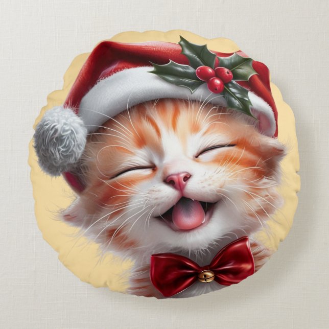 Almofada Redonda Gato de Natal bonito com Chapéu Santa e Arco (Frente)