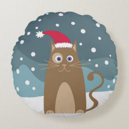 Almofada Redonda Gato de natal bonito na noite de inverno de neve