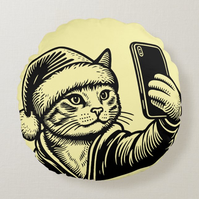 Almofada Redonda Gato Festivo Selfie (Frente)