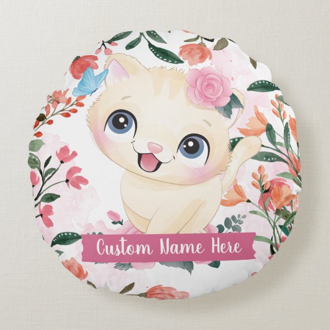 Almofada Redonda Gato Fofo Rosas Cor-de-Rosa Flores Nome Personaliz (Frente)