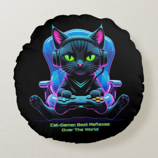 Almofada Redonda Gato gamer futurista con joystick y actitud felina