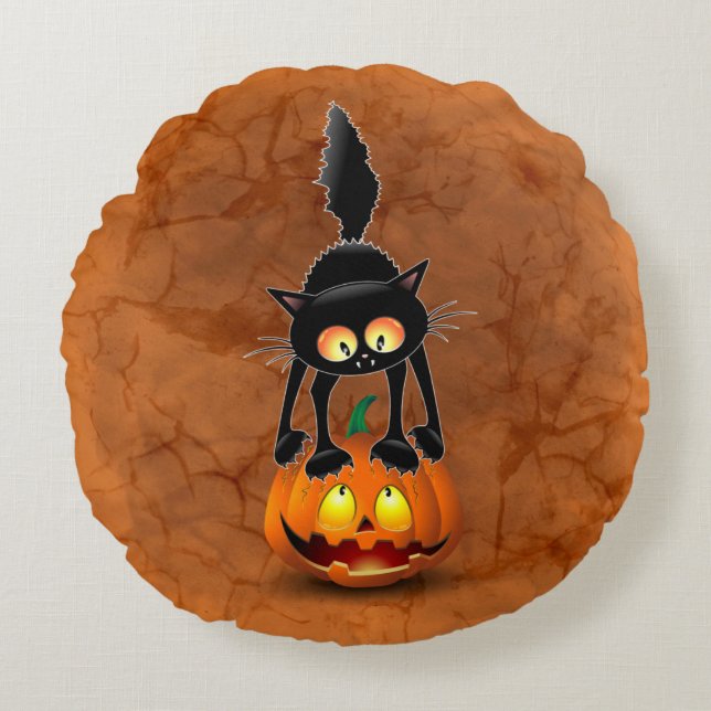 Almofada Redonda Gato Halloween Caricatura Assustada na Pumpkin (Frente)