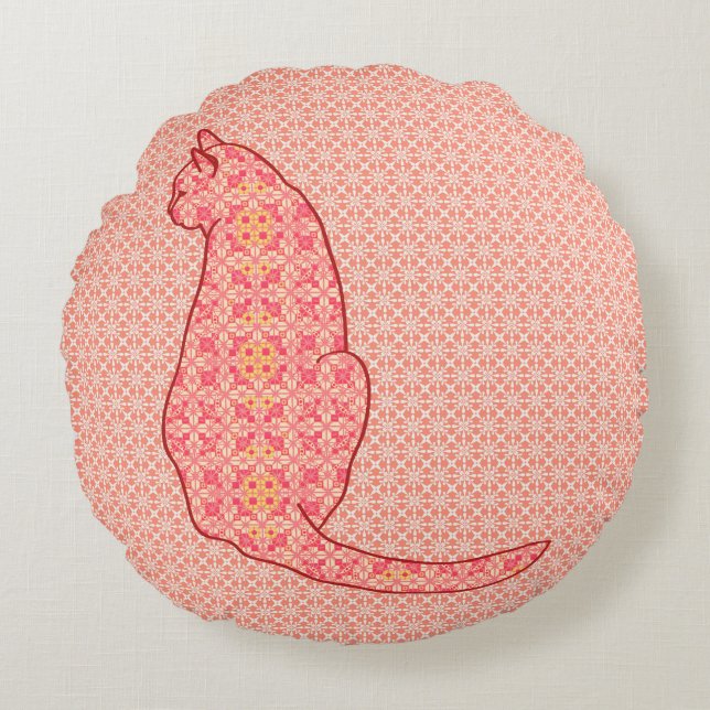 Almofada Redonda Gato Japonês - Coral Orange Batik (Frente)