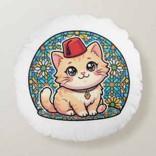 Almofada Redonda Gato Marroquino Kawaii Fofo com Chapéu Fez Tarbous