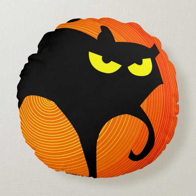 Almofada Redonda Gato Negro de Halloween Spooky (Frente)