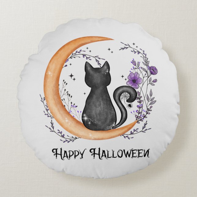 Almofada Redonda Gato Negro e Lua Crescente para Feliz Halloween (Frente)