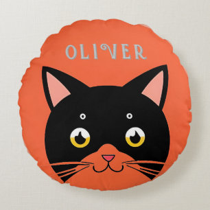 Almofada Redonda Gato Preto com Olhos e Bigodes Amarelos