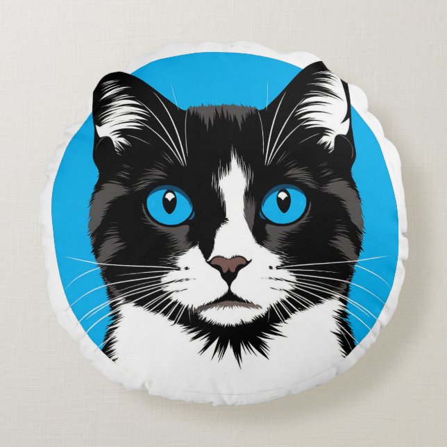 Almofada Redonda Gato Preto e Branco com Olhos Azuis (Frente)