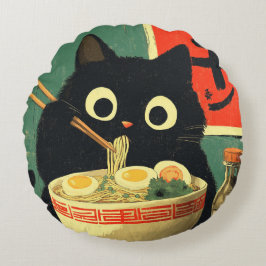 Almofada Redonda Gato Preto Engraçado Comendo Ramen