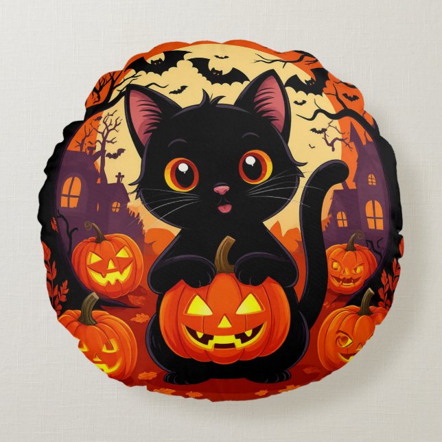 Almofada Redonda Gato Preto Fofo com Abóboras de Halloween (Frente)
