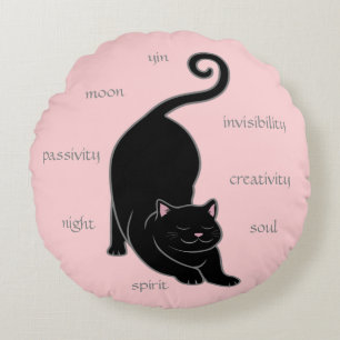 Almofada Redonda Gato Preto Kitty Yoga & Texto Editável em Rosa Red