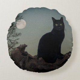Almofada Redonda Gato Preto sob Lua Cheia numa Árvore