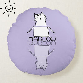 Almofada Redonda Gato Roxo Fofo Reflexo Doodle Nome Personalizado 