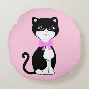 Almofada Redonda Gato Tuxedo Feliz e Fofo em Rosa Claro