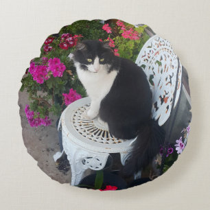 Almofada Redonda Gato Tuxedo Marrom Rosa Escuro Gatos e Flores