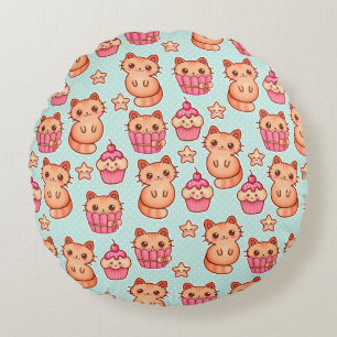 Almofada Redonda Gatos Cute de Kawaii Cupcakes Rosa e Padrão Azul