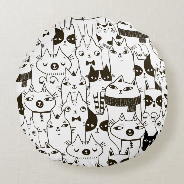 Almofada Redonda Gatos de rabisco: padrão perfeito engraçado. (Frente)