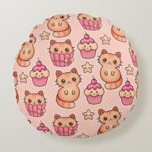 Almofada Redonda Gatos e Cupcakes Cutes Cons e Padrões Rosa Kawaii