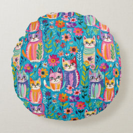 Almofada Redonda Gatos e Flores Coloridos Felizes