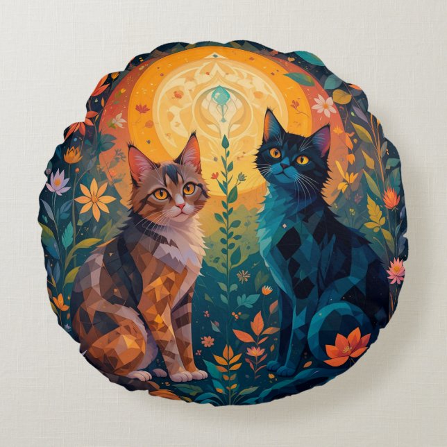 Almofada Redonda Gatos em Cena da Natureza com Elementos Geométrico (Frente)