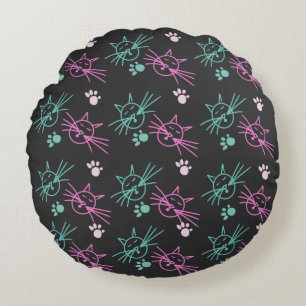 Almofada Redonda Gatos Fofos Rabiscos Rosa Azul Pet Preto    
