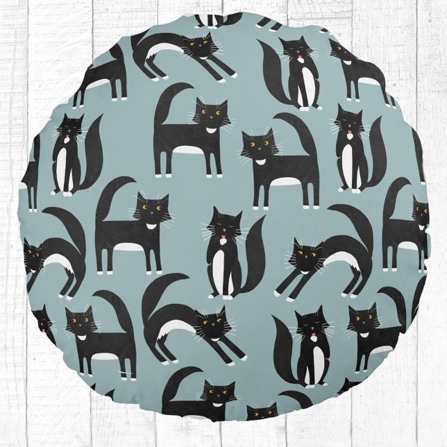 Almofada Redonda Gatos Pretos e Brancos Tuxedo (Black and white tuxedo cat pillow)