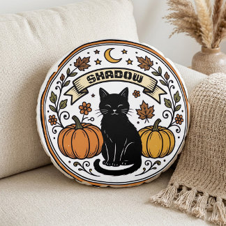 Almofada Redonda Gatos Pretos Vintage Botânicos Boho Botânicos Lua